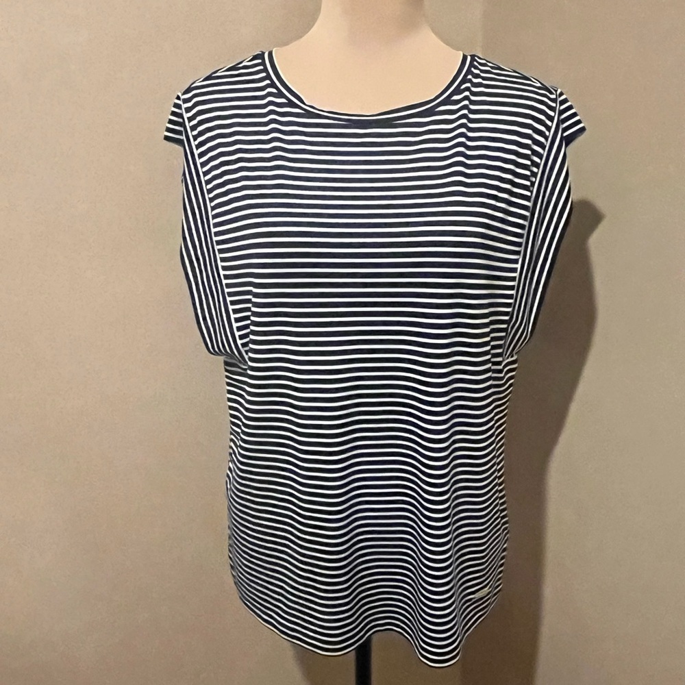 Jones New York Navy and White Striped Cap Sleeve Blouse, size Medium